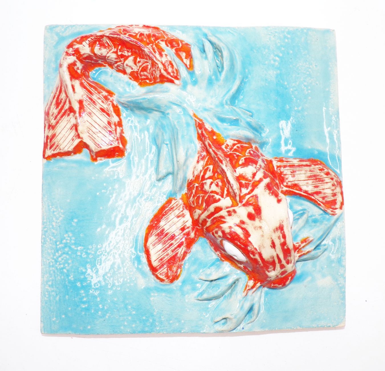 Fliese Koi Fisch plastisches Relief Unikat Handarbeit Deko 