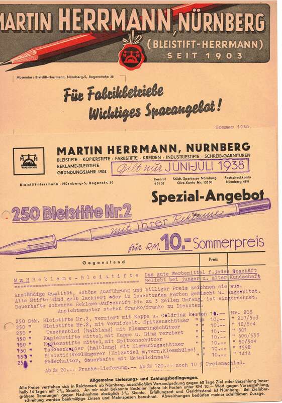 Rechnung Martin Herrmann Nürnberg Bleistifte Preisliste 1938