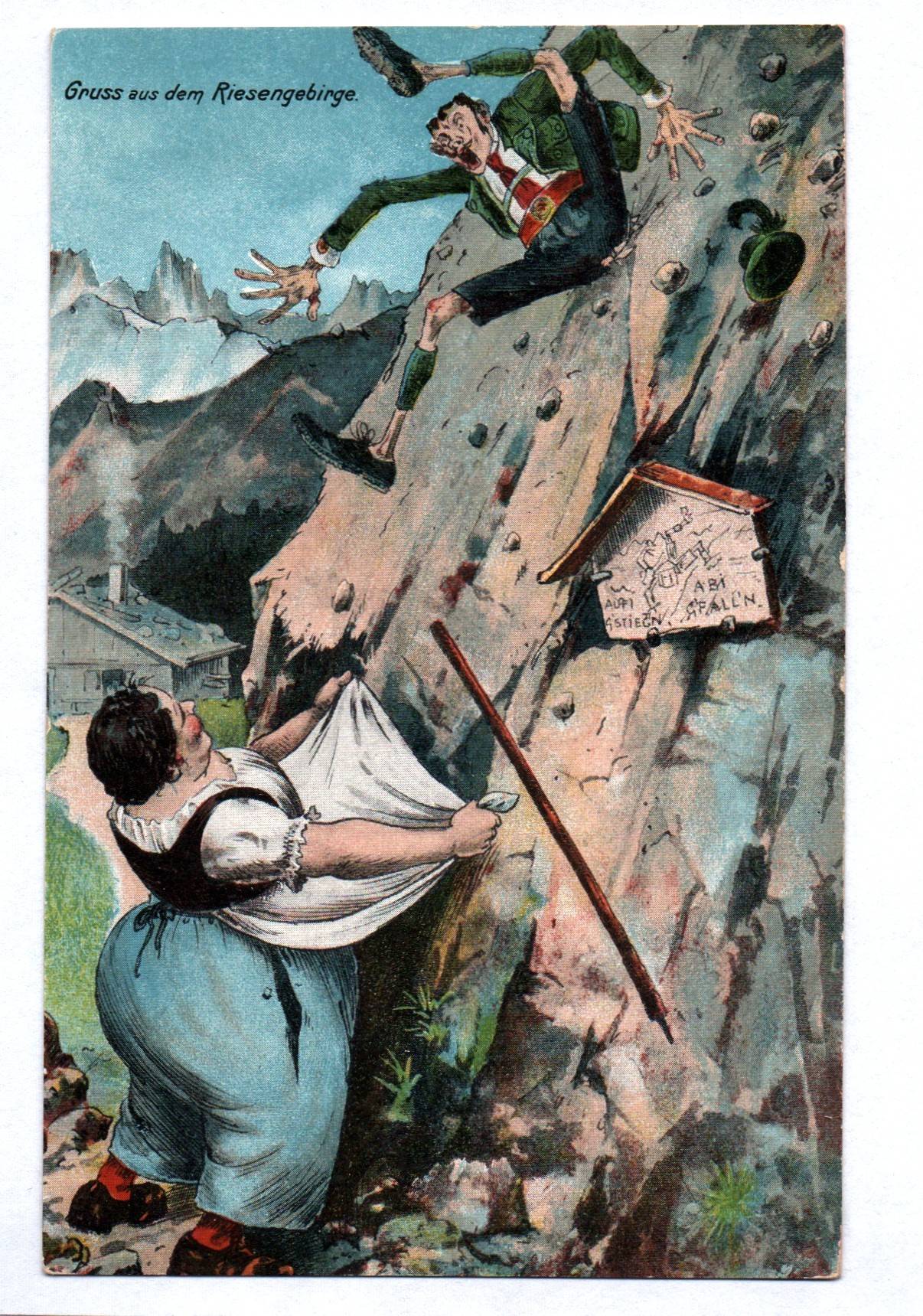 Ak Gruß aus dem Riesengebirge Wanderer stürzt pralle Dame Humor Witz