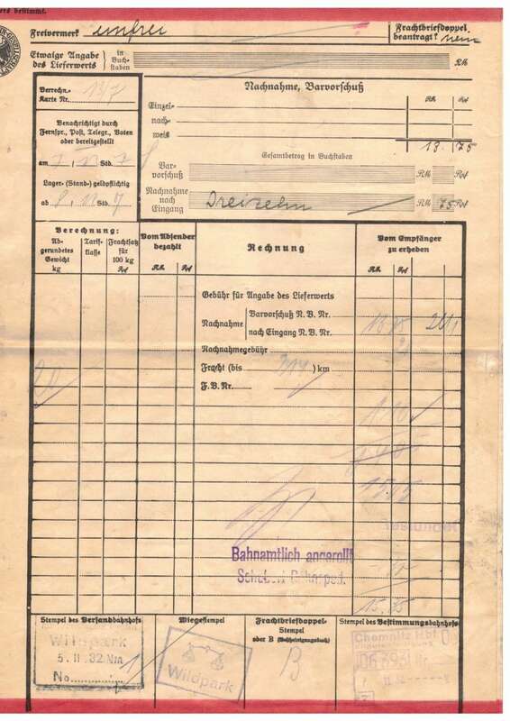 Frachtbrief Karl Foerster Bornum Potsdam nach Chemnitz 1932 Pflanzen