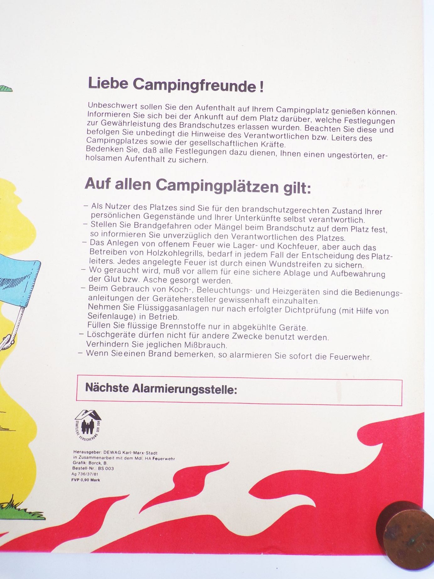 DDR Poster Brandschutz auf dem Campingplatz 1981 Brandschutz Plakat
