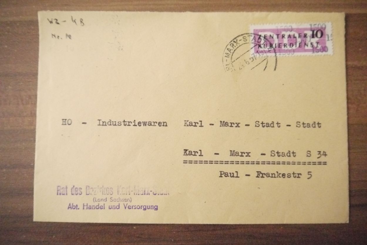 ZKD Brief Rat des Bezirkes Karl Marx Stadt Atbteilung Handel und Versorgung 1957 DDR