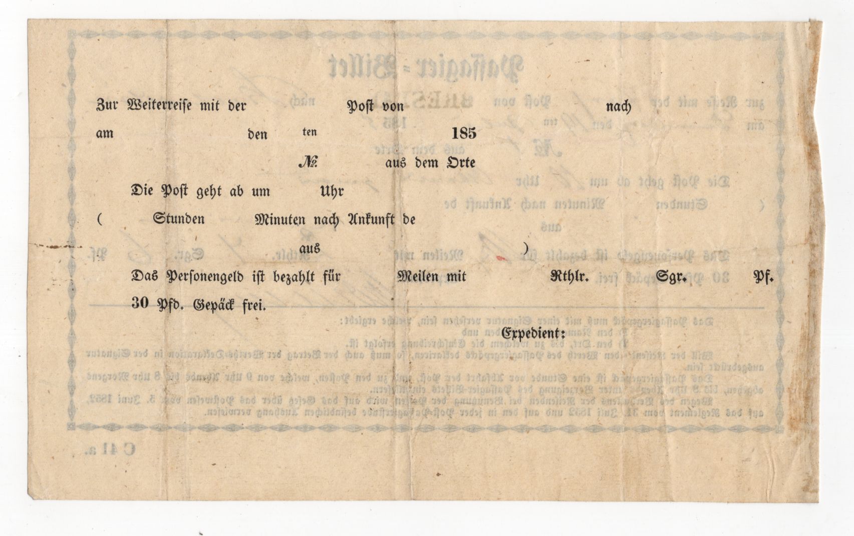 Passagier Billet Breslau Krotoschin 1855 Dokument Postwagen Fahrschein Passagier Billet Breslau Krotoschin 1855 Dokument Postwagen Fahrschein