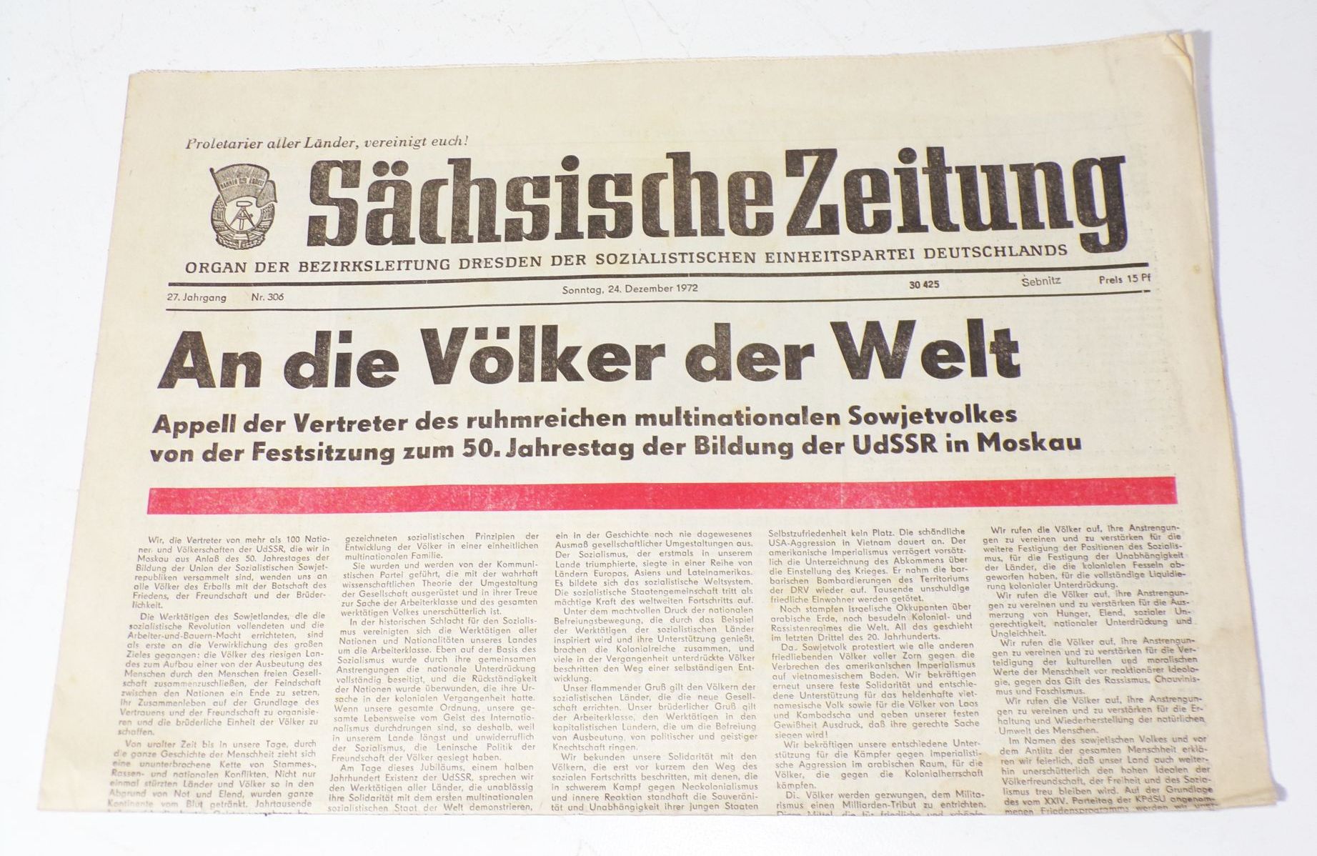 Sächsische Zeitung Nr 306 Dezember 1972 Jahrestag der UdSSR DDR 
