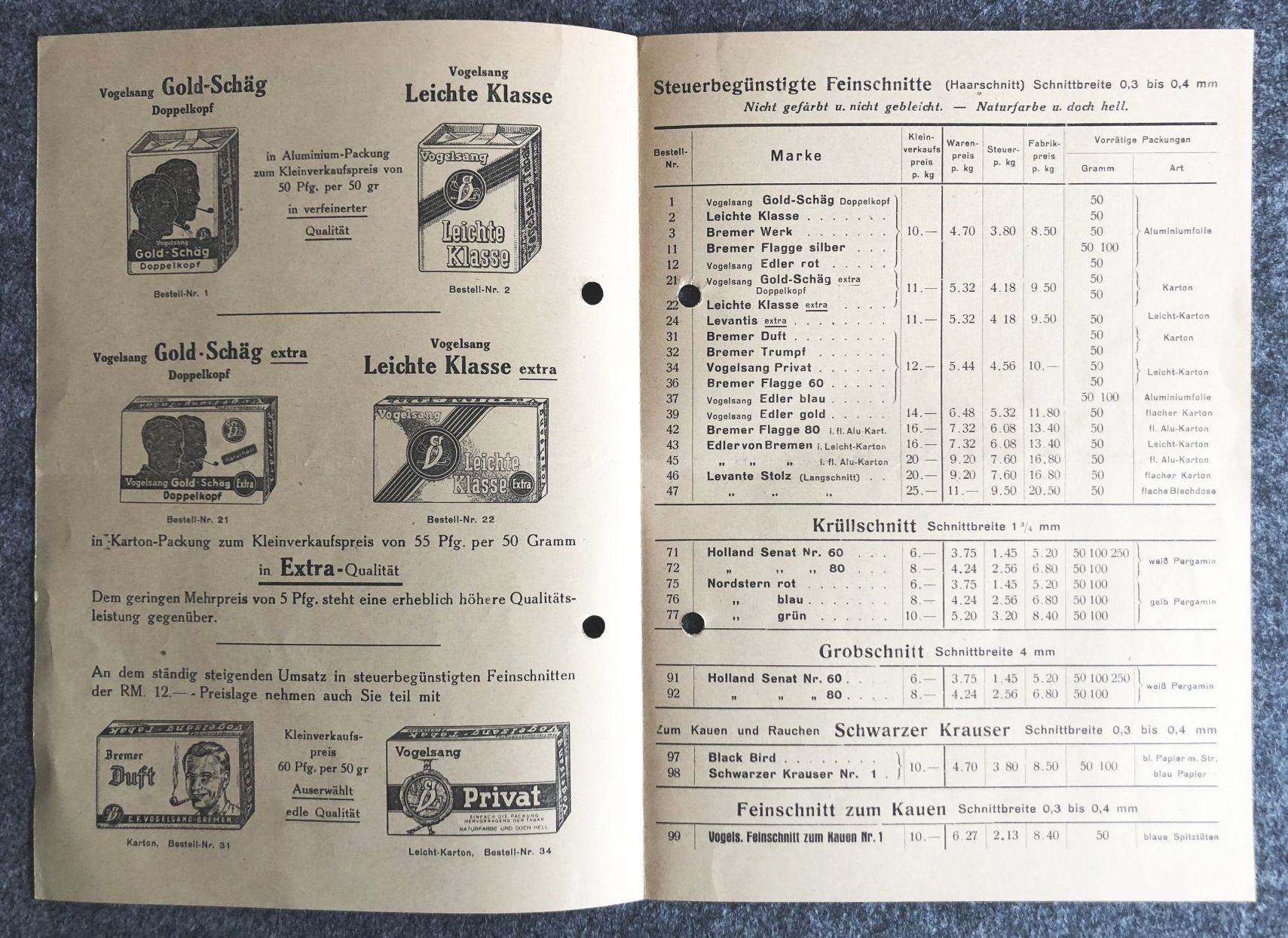 CF Vogelsang Bremen Preisliste K7 Tabakfabrik Prospekt 1939