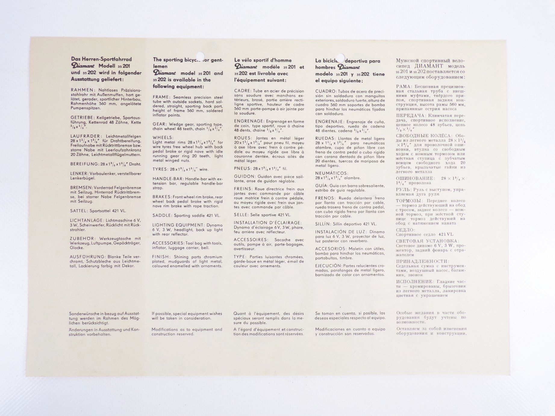 Diamant Fahrrad Werbeblatt 1959 Oldtimer 