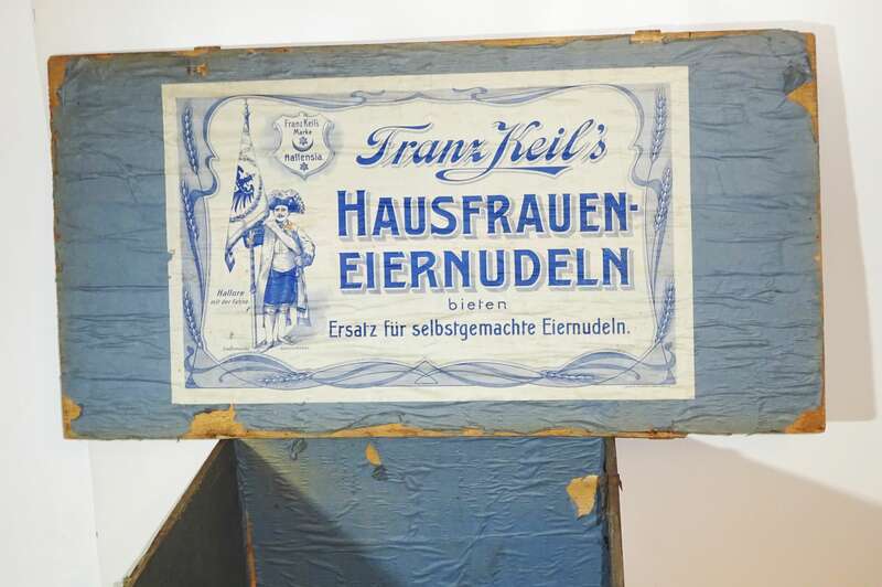Vintage Holzkiste Franz Keil Hausfrauen Eiernudeln Reklame Jugendstil um 1900 