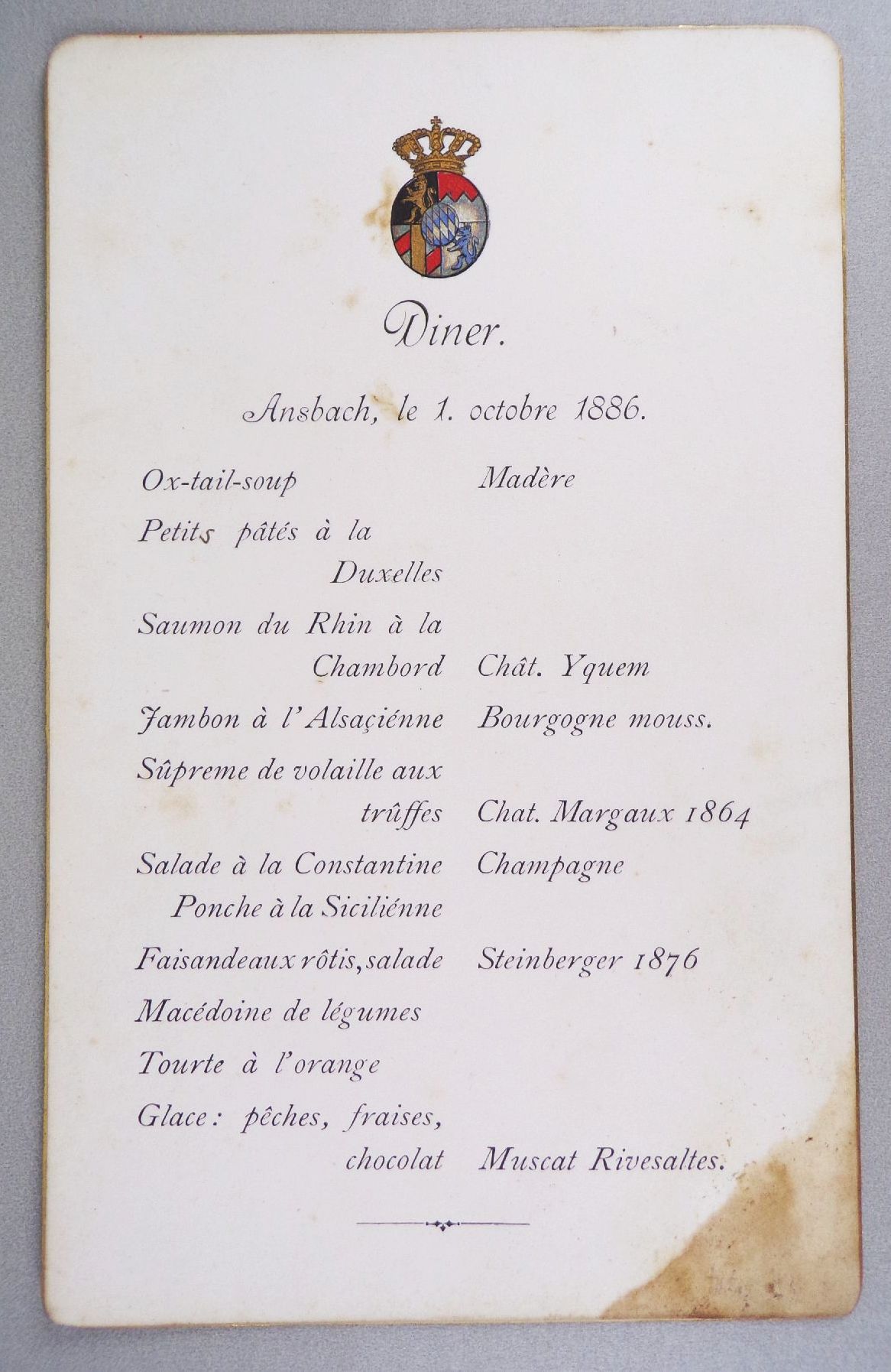 Alte Diner Speisekarte Ansbach 1886 Prinzregent Luitpold von Bayern Wappen 