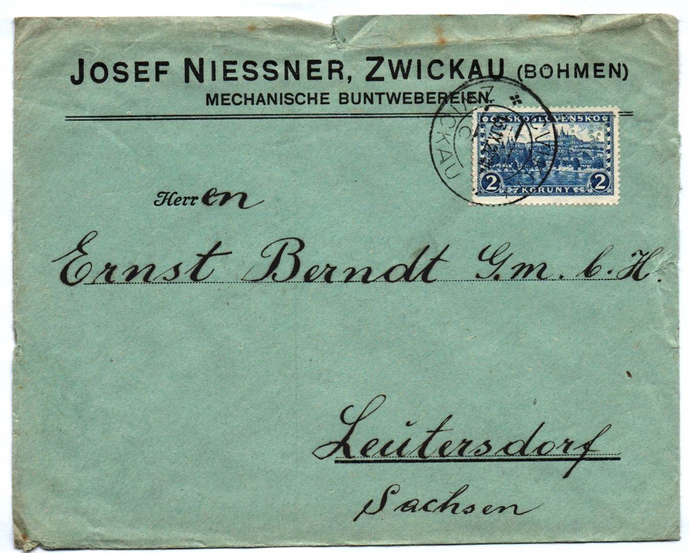 Brief Josef Niessner Zwickau Böhmen Mechanische Buntwebereien