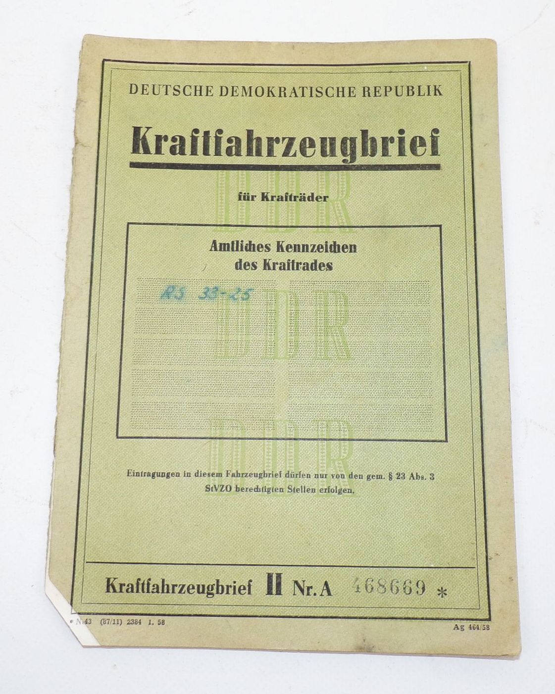 Kfz Brief AWO 425 Simson Suhl Baujahr 1954 DDR