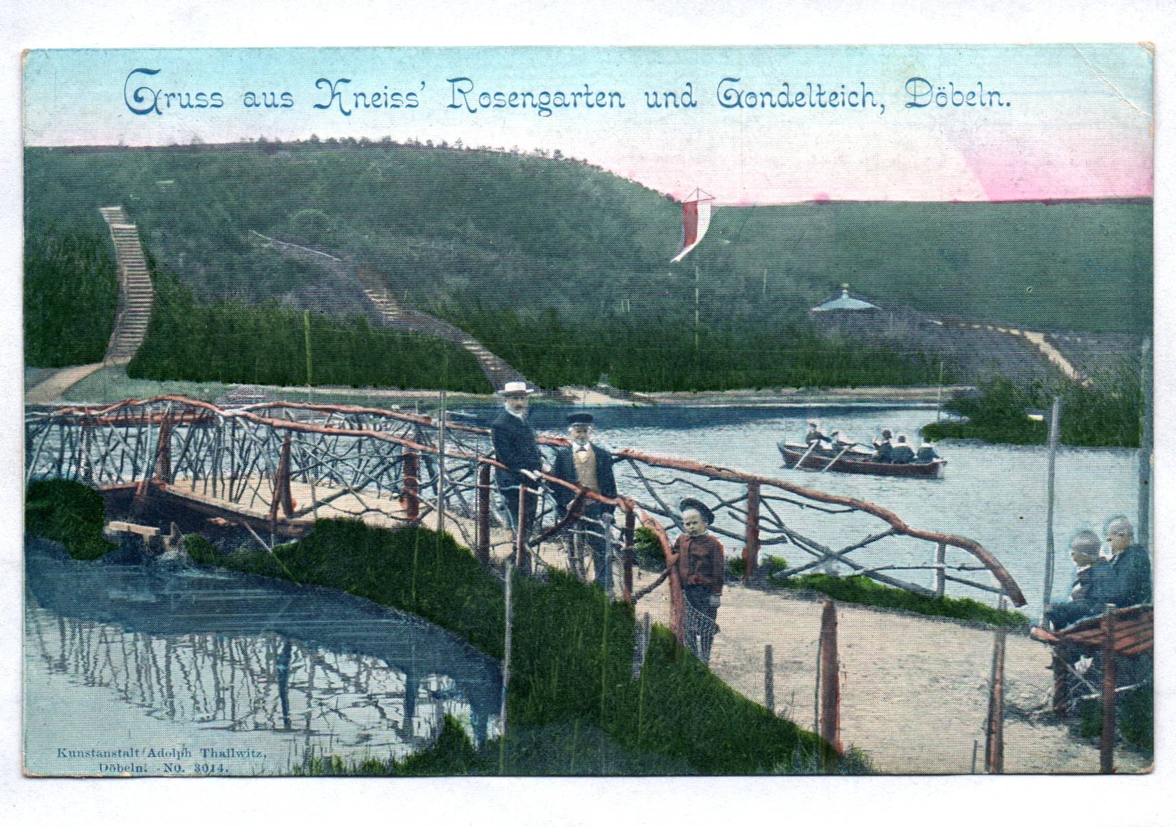 Litho Ak Gruss aus Kneiss Rosengarten und Gondelteich Döbeln 1907