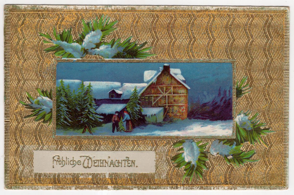 Ak Fröhliche Weihnachten gold geprägt Wintermotiv alte Postkarte