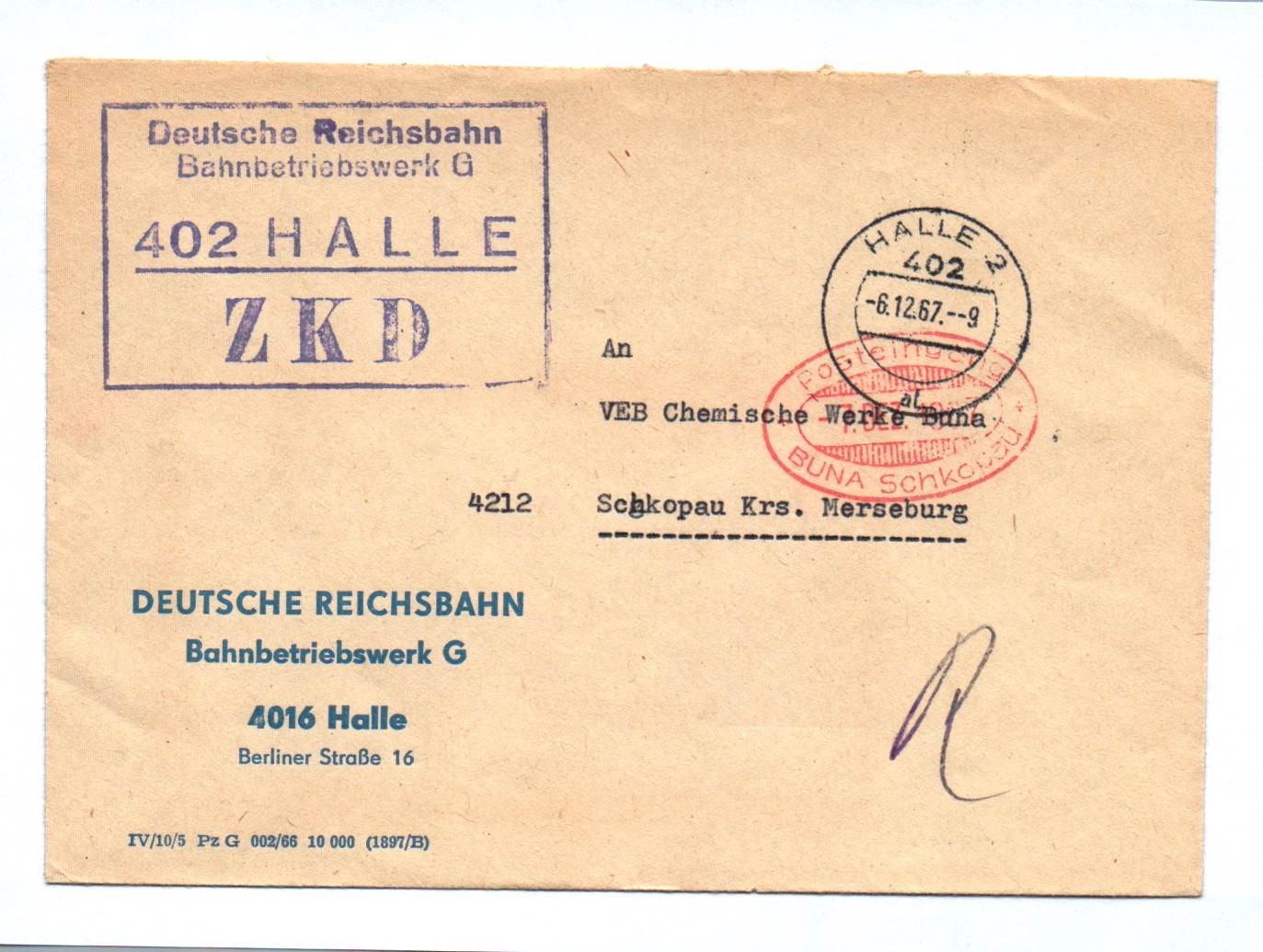 Brief ZKD Deutsche Reichsbahn Bahnbetriebswerk G Halle 1967 Brief ZKD Deutsche Reichsbahn Bahnbetriebswerk G Halle 1967