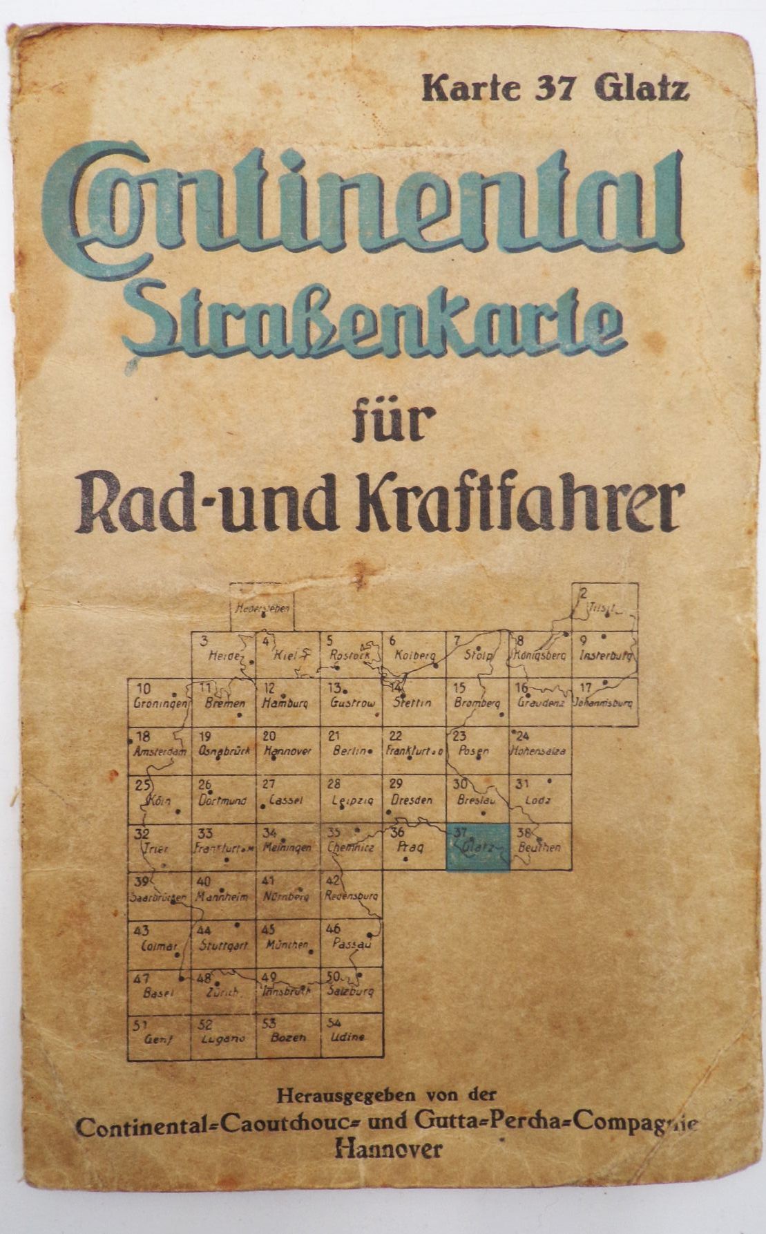 Alte Continental Straßenkarte für Rad und Kraftfahrer Karte 37 Glatz Schlesien