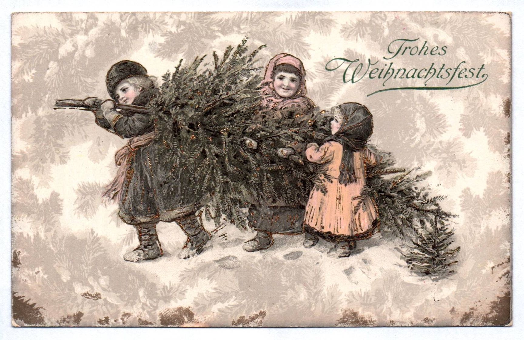 Künstler Ak Frohes Weihnachtsfest 1915 Kinder tragen Tannenbaum Künstler Ak Frohes Weihnachtsfest 1915 Kinder tragen Tannenbaum