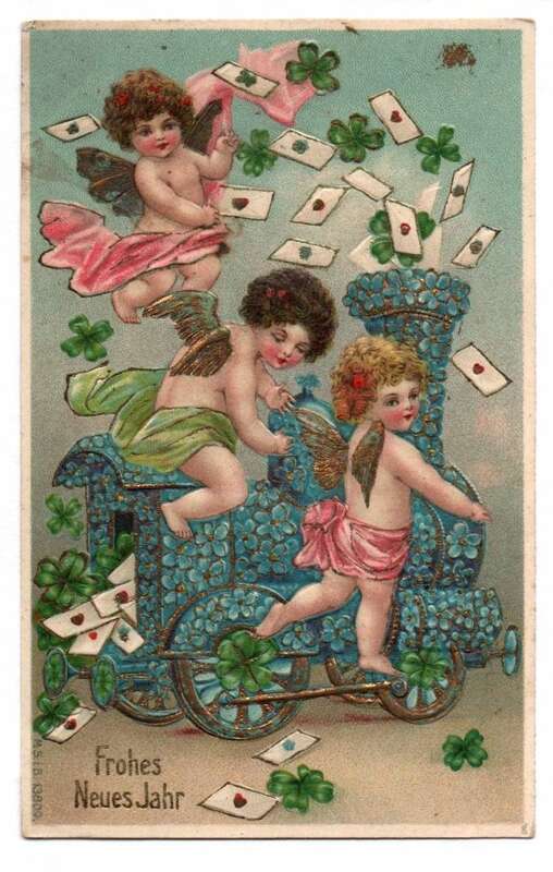 Kitsch Ak Engel mit Blumen Dampflok Frohes Neujahr geprägt 1907