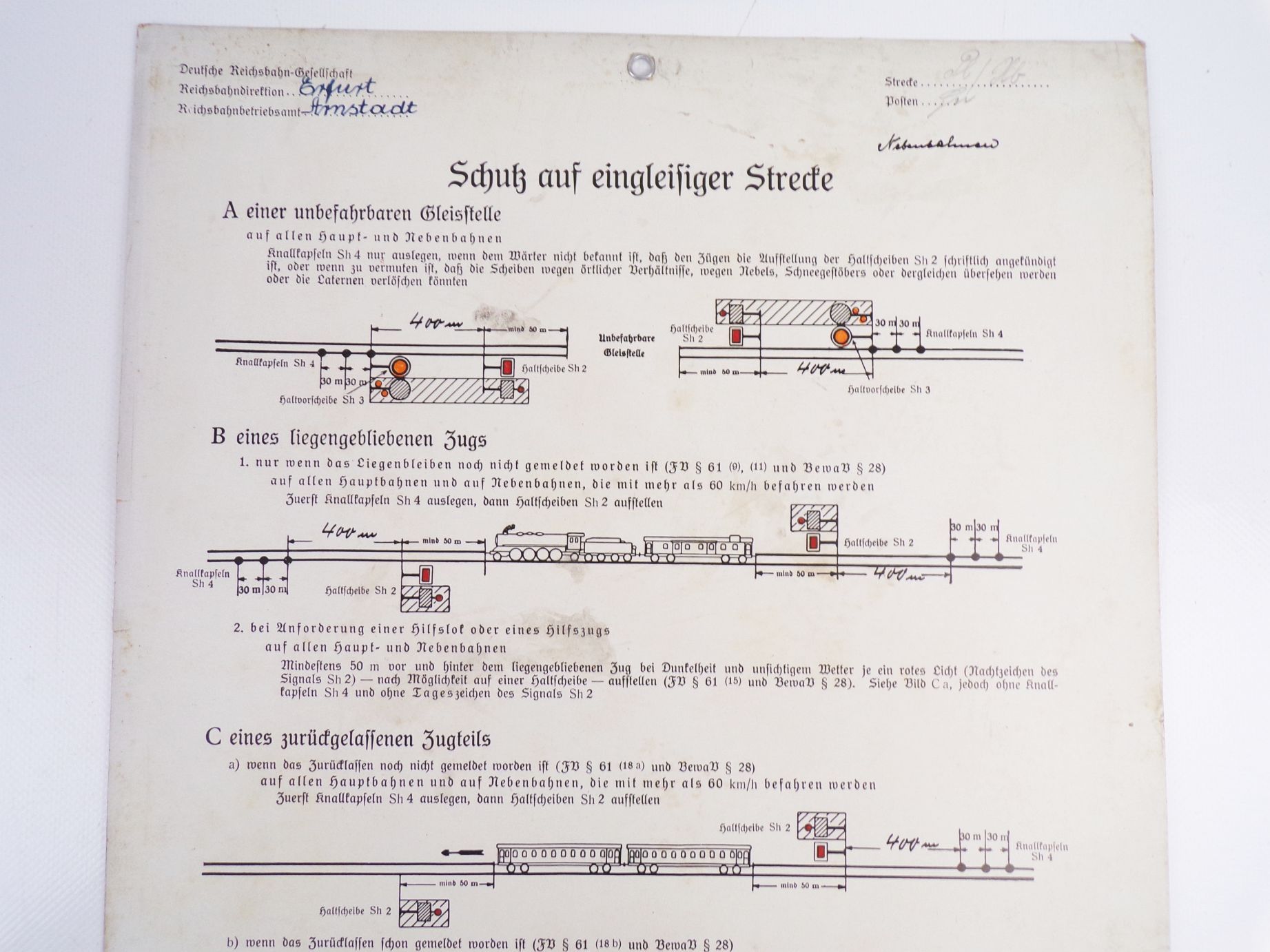 Altes Reichsbahn Schild Deckung auf eingleisiger Strecke 1934 Berlin Aushang