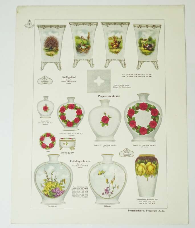 Druck Porzellan Fraureuth Rosen Vase Geflügelhof Muster Print Vintage 