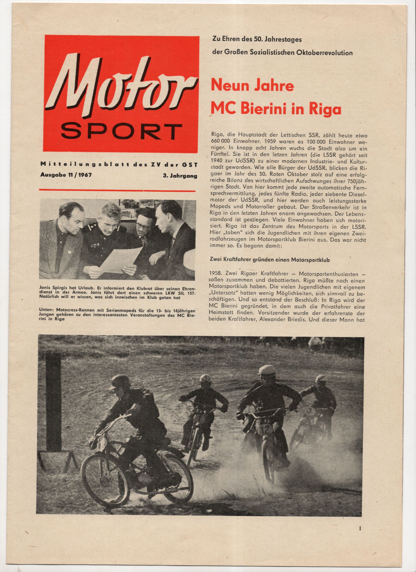 Zeitschrift Motor Sport Mitteilungsblatt des ZV der GST Ausgabe 11 von 1967 MC Bierini Riga