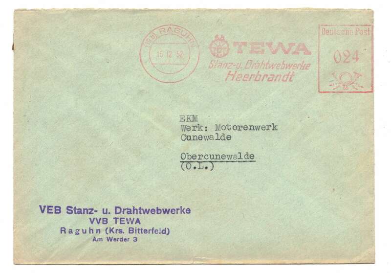 Brief 1952 VEB Stanz Drahtwebwerke Raguhn Kreis Bitterfeld 