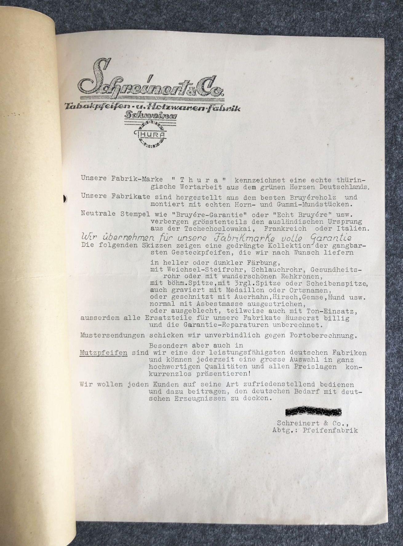 Schreinert Co Tabakpfiefen Holzwaren Fabrik 1938 Mitteilug