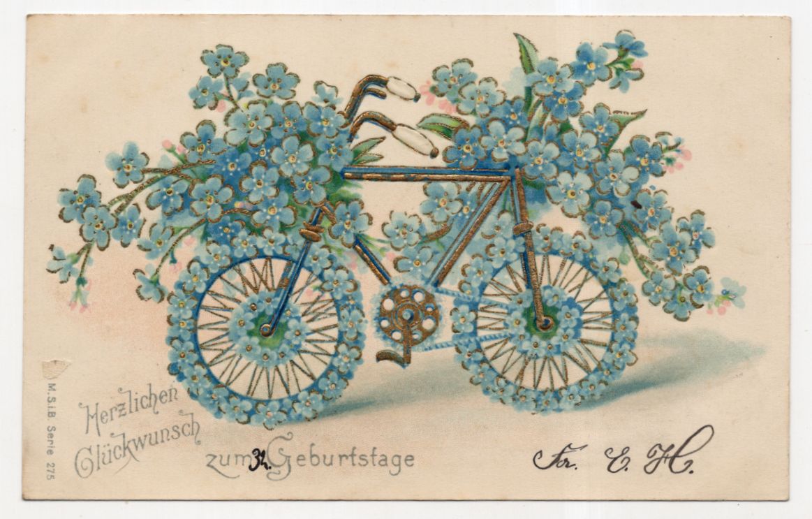 Litho Ak Fahrrad mit Vergissmeinnicht Blumen um 1910 Geburtstag
