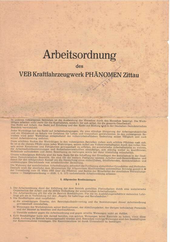 Arbeitsordnung des VEB Kraftfahrzeugwerk Phänomen Zittau 1956 