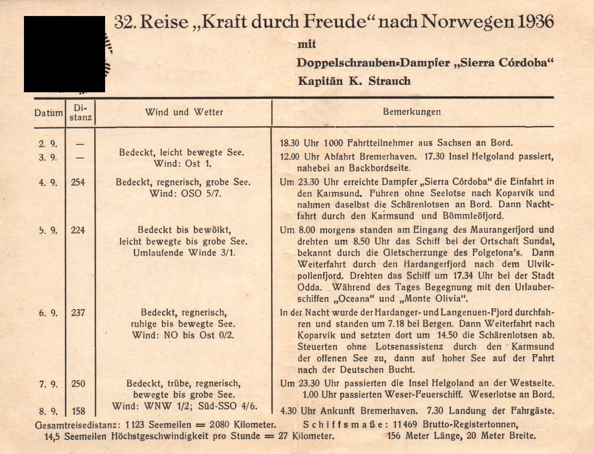 Auszug aus dem Schiffstagebuch 1936 Norwegen Lloyd Express