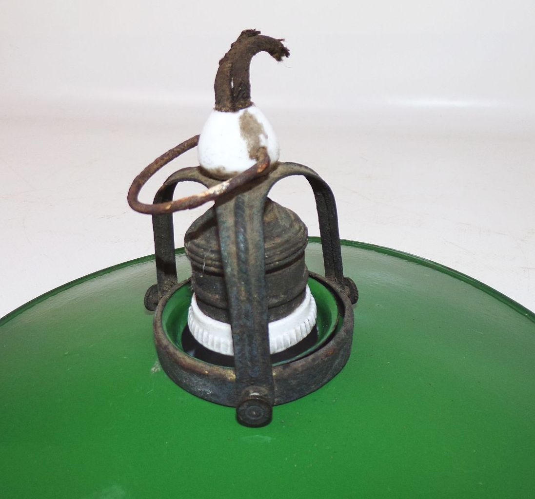 Alte Emaille Deckenleuchte Grün Weiß Rund Pendelleuchte Art Deco Lampe