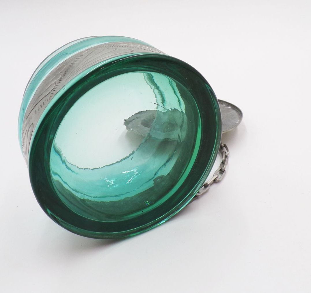 Altes Glas mit Metalldeckel Kette Grün Antik Behälter Vorratsgefäß 