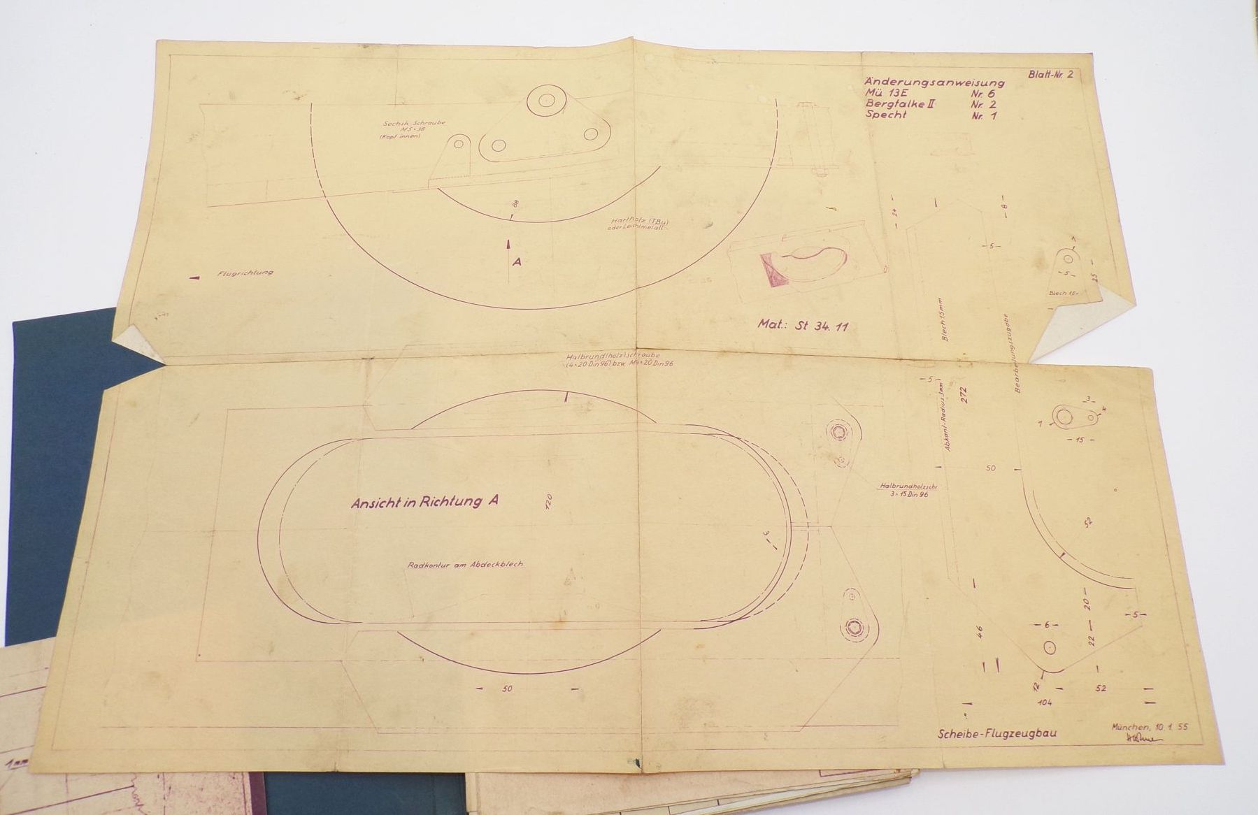 Mappe Baupläne Scheibe Flugzeugbau Dachau 1955 Mü13E Bergfalke 