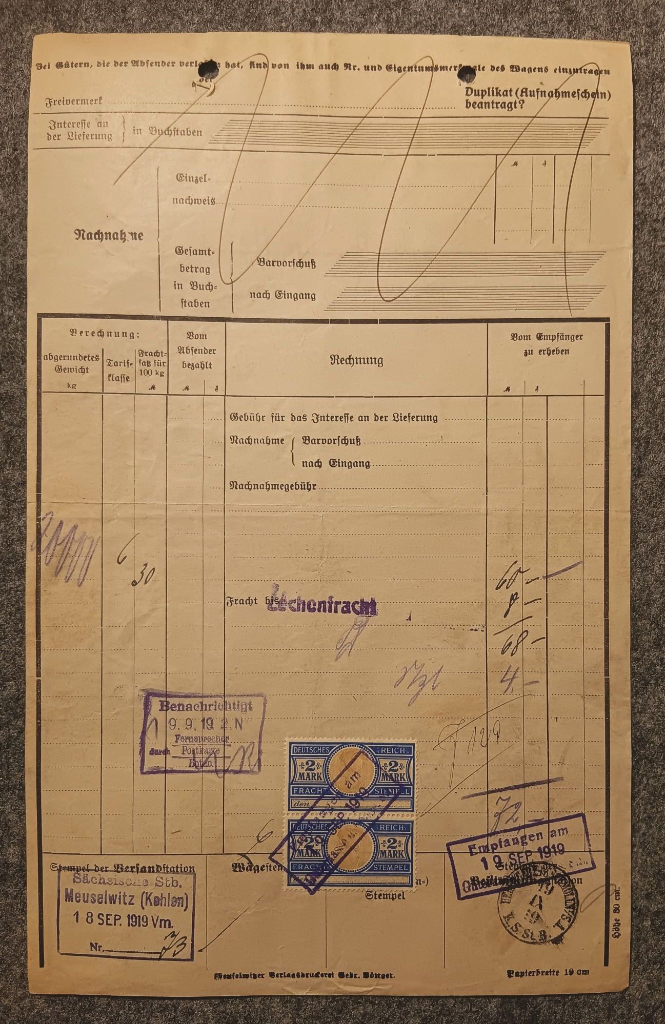 Frachtbrief alt 1919 Sächsische Staatseisenbahn Meuselwitz nach Schmölln