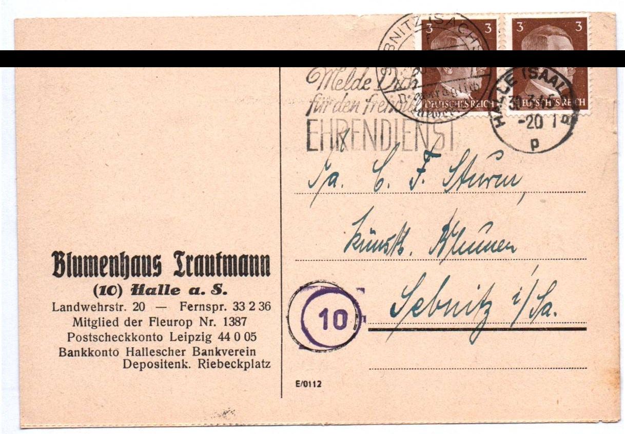 Firmen Postkarte Blumenhaus Trautmann Halle Saale 1945 nach Sebnitz 