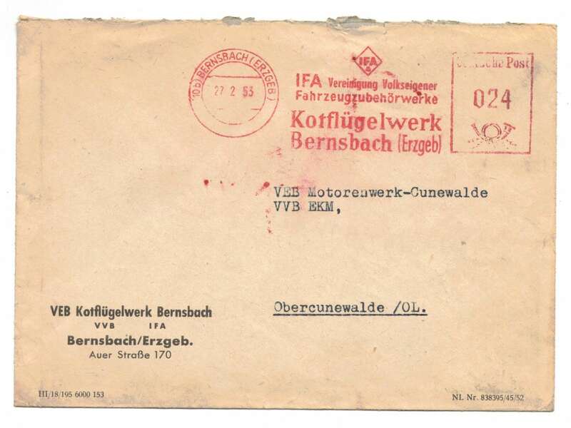 Firmen Brief VEB Kotflügelwerk Bernsbach Erzgebirge 1953