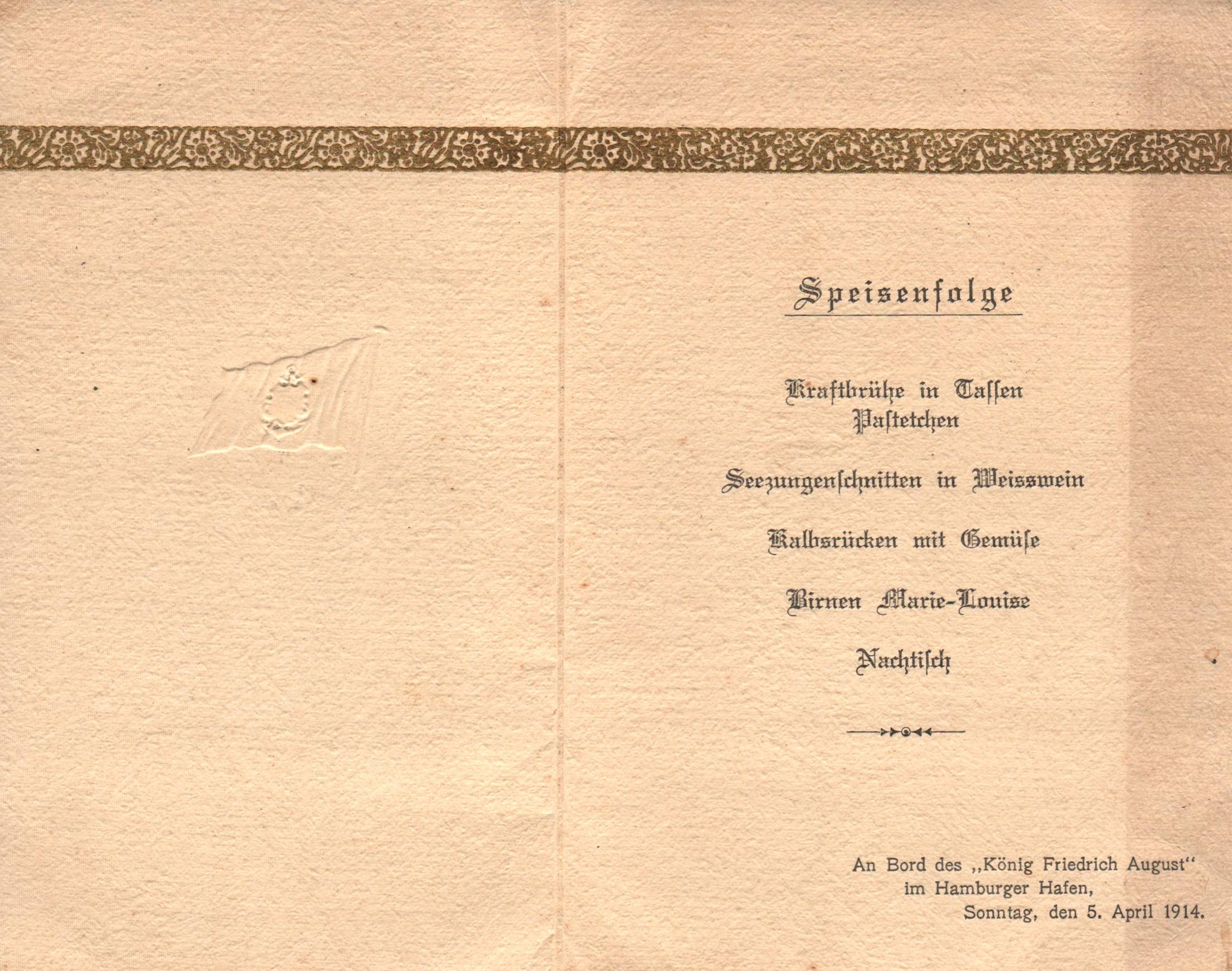 Hamburg Amerika Linie Speisenfolge April 1914 Hamburg Amerika Linie Speisenfolge April 1914
