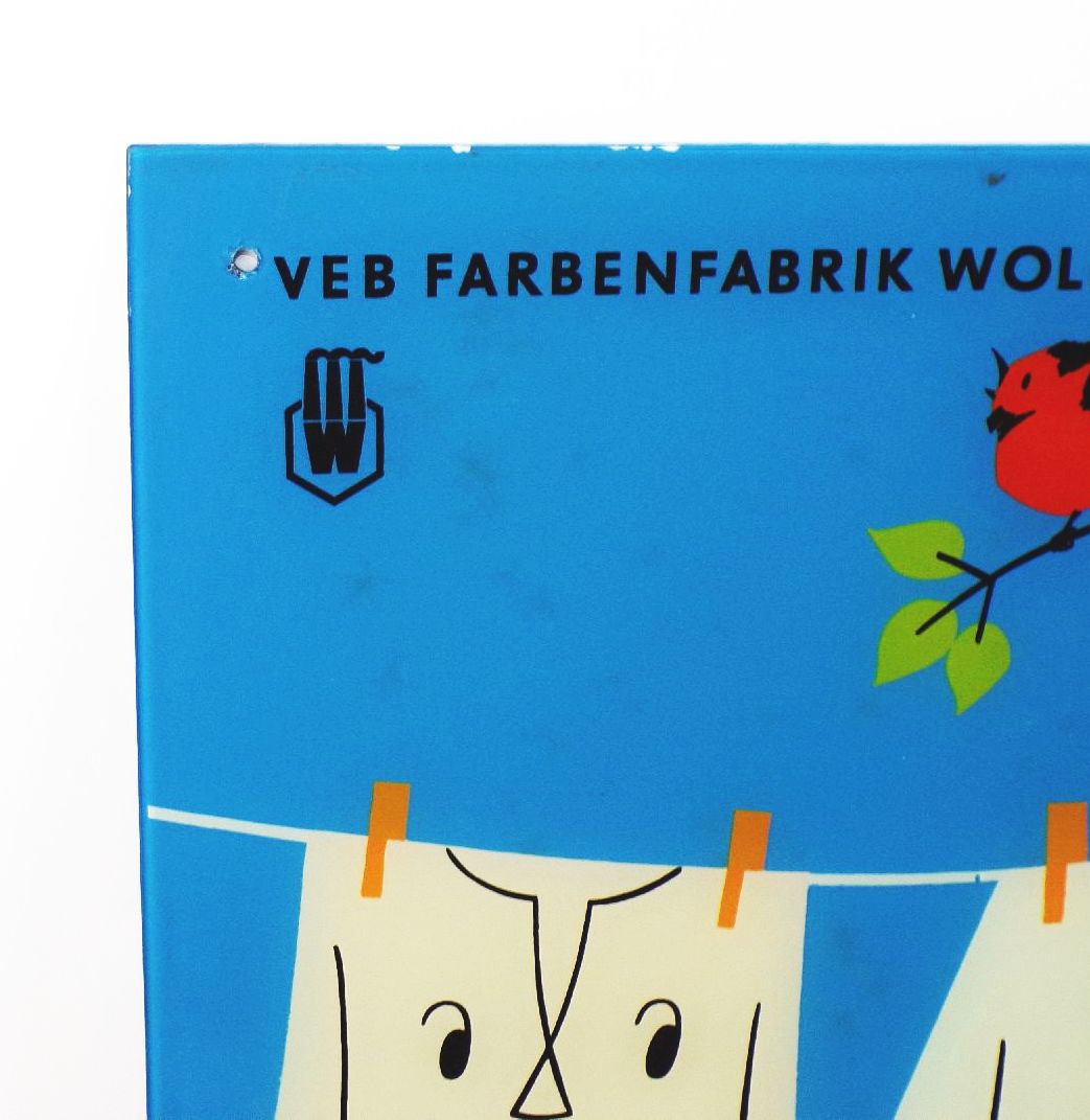 DDR Glasschild Wäsche Weiss VEB Farbenfabrik Wolfen 1959 Reklame Schild