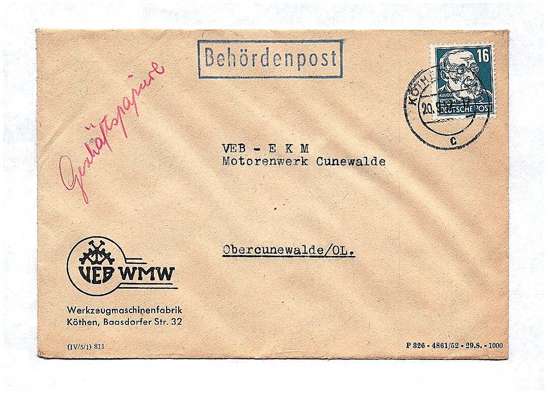 Geschäftspapiere VEB WMW Werkzeugmaschinenfabrik Köthen 1952 Behördenpost
