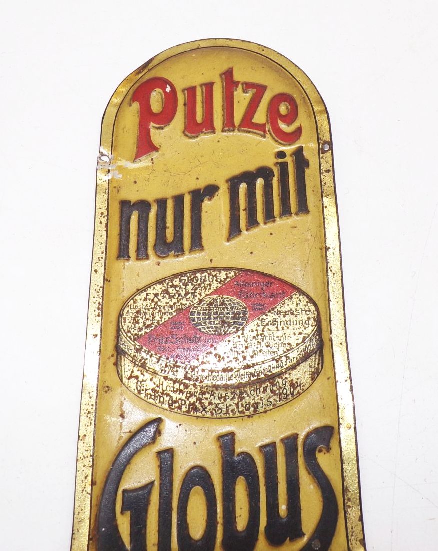 Altes Blechschild Türschild Globus Schuhcreme Pflegemittel um 1910 Altes Blechschild Türschild Globus Schuhcreme Pflegemittel um 1910
