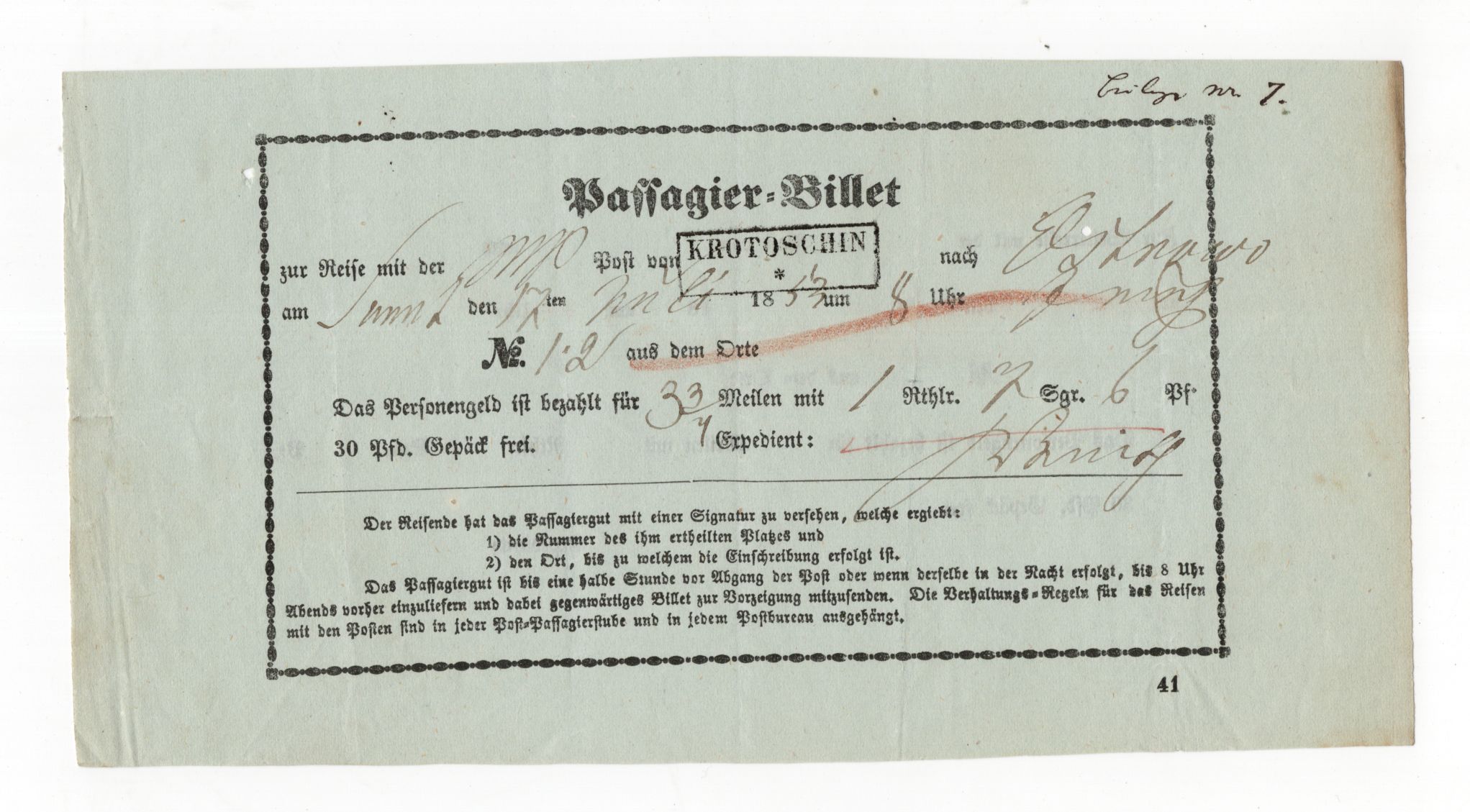 Passagier Billet Krotoschin 1853 Dokument Postwagen 