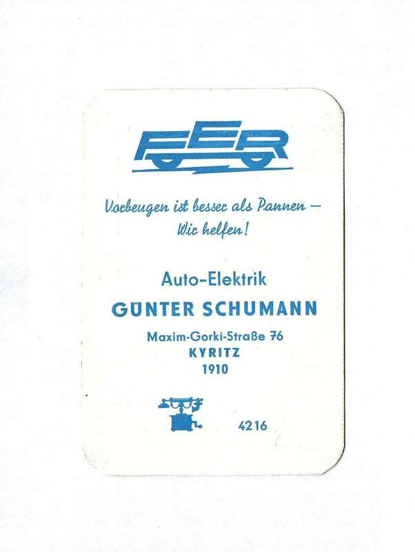Kalender Visitenkarte 1988 Kyritz Auto Elektrik Günter Schumann