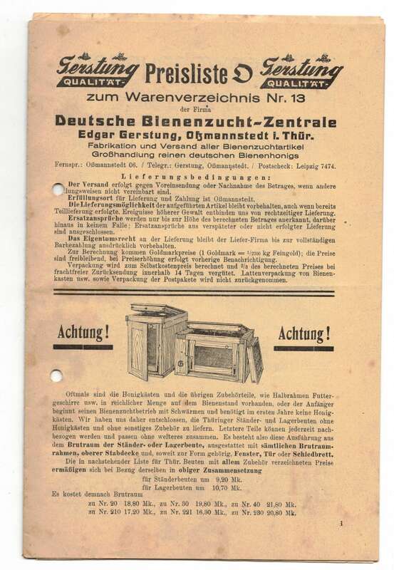 Preisliste Deutsche Bienenzucht Zentrale Gerstung Oßmannstedt um 1930 Imker Bienen 