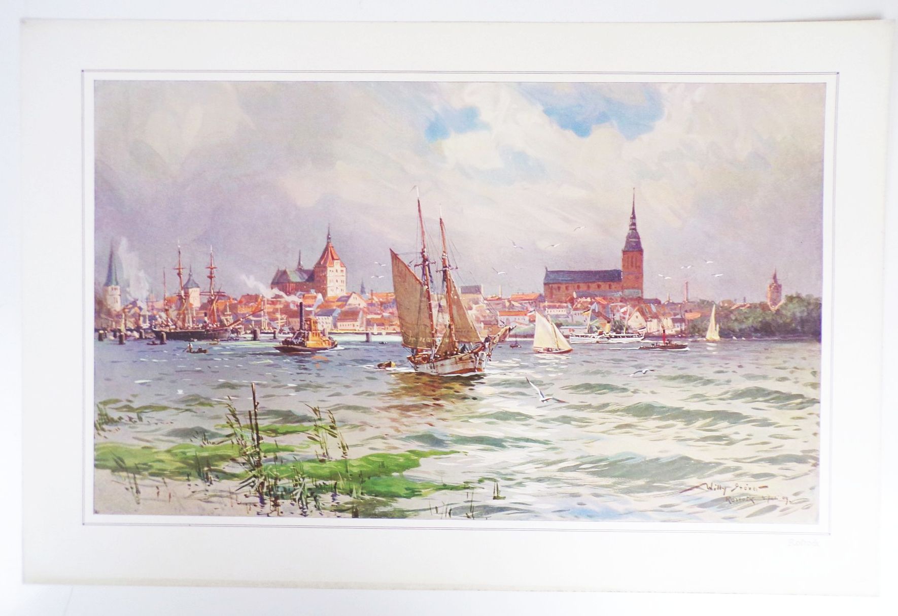 Alter Druck Willy Stöwer Rostock Hafen Farbendruck