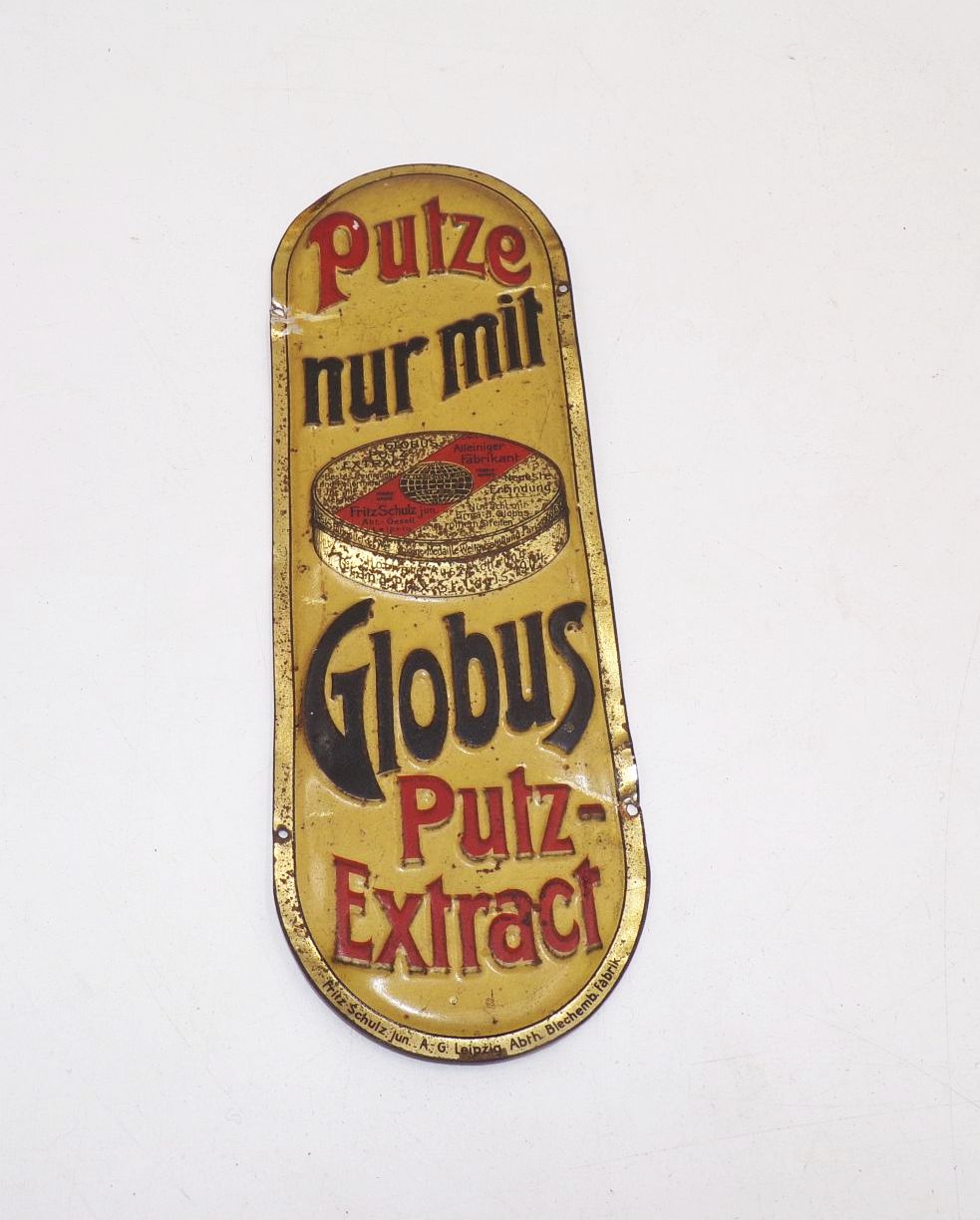 Altes Blechschild Türschild Globus Schuhcreme Pflegemittel um 1910
