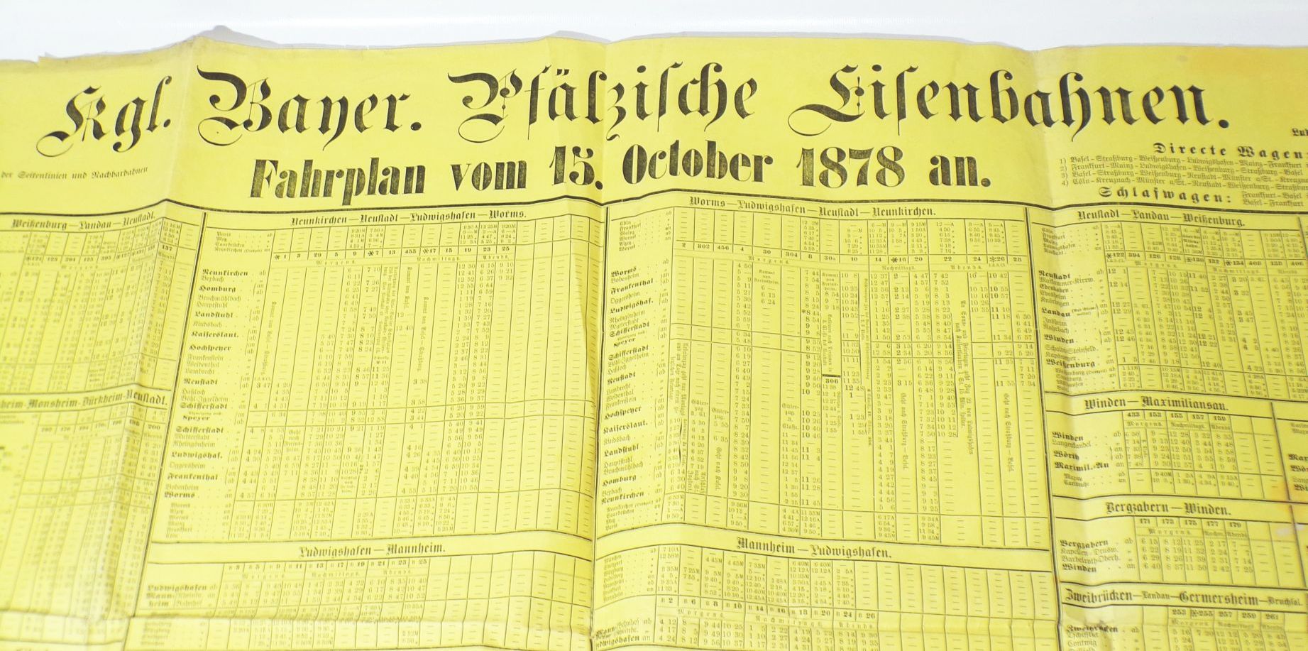 Fahrplan 1878 kgl bayerische pfälzische Eisebahn Original