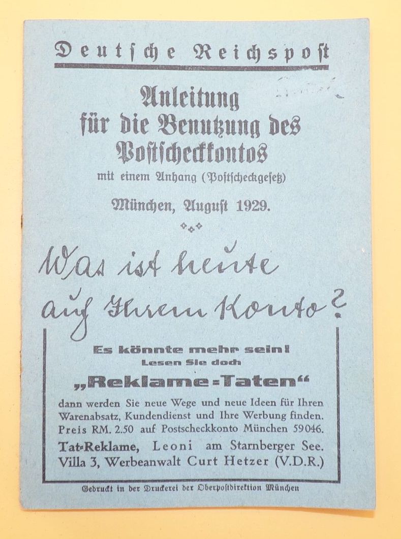Deutsche Reichspost Anleitung für die Benutzung des Postscheckkontos 1929