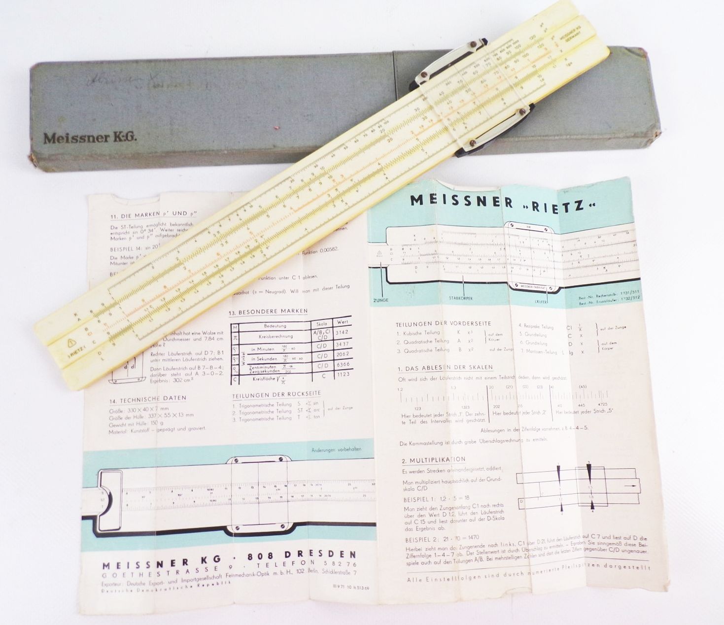 Meissner Rietz Rechenschieber Etui Anleitung 1969 DDR