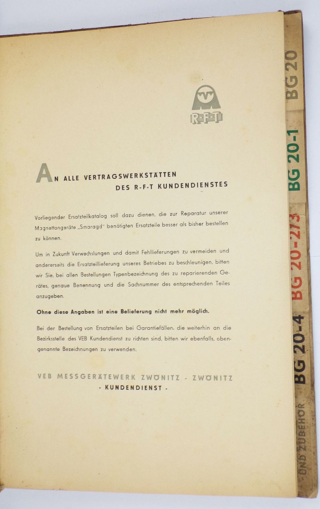 Ersatzteil Katalog BG20 1 2 3 4 Magnettonbandgerät VEB Messgerätewerk Zwönitz 1960