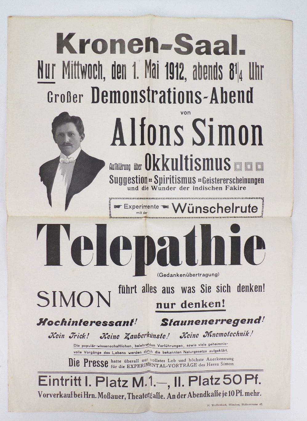 Plakat München Kronensaal Alfons Simon Okkultismus Suggestion 1912