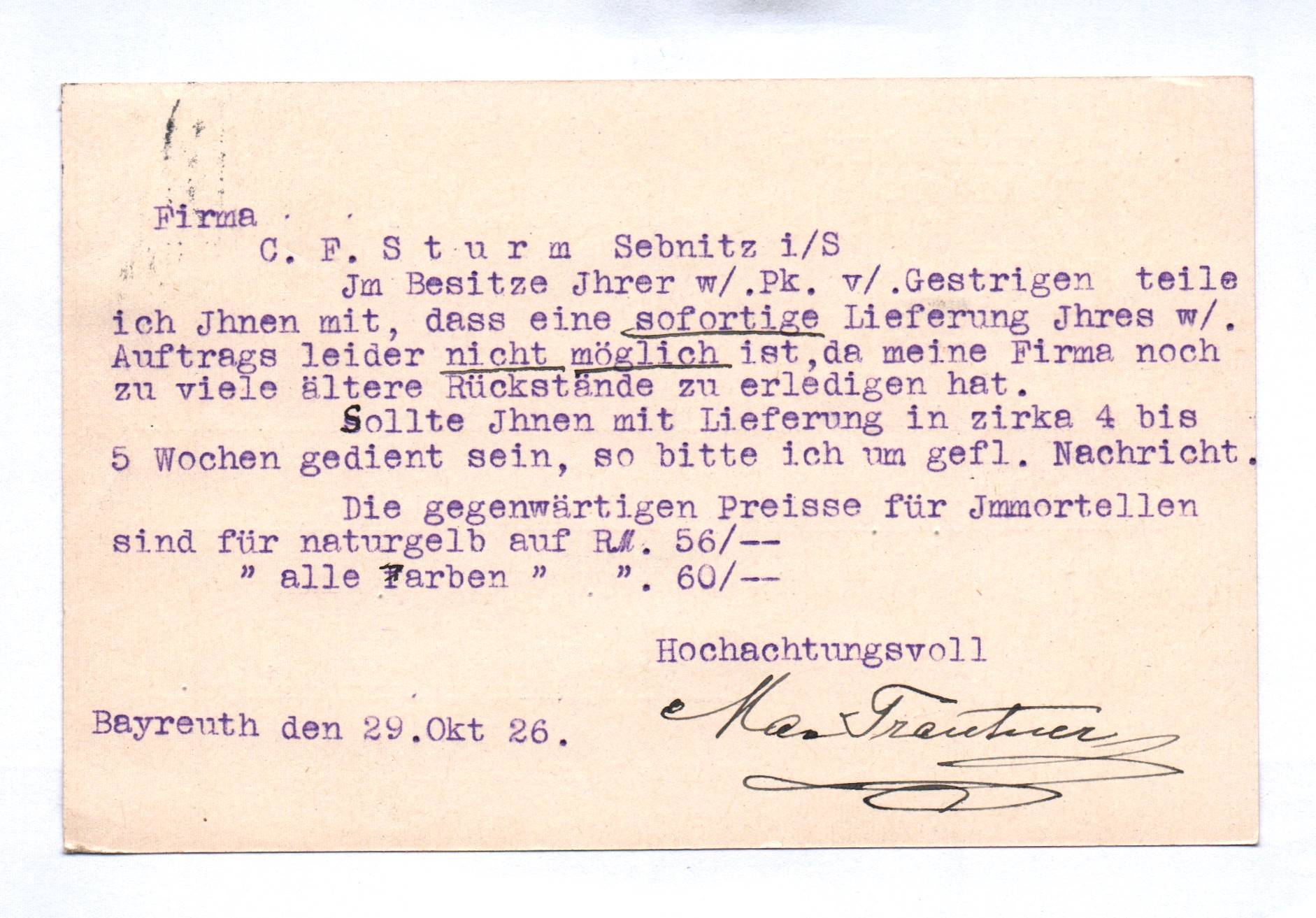 Postkarte Max Trautner Bayreuth Nürnberg 1929 Postkarte Max Trautner Bayreuth Nürnberg 1929