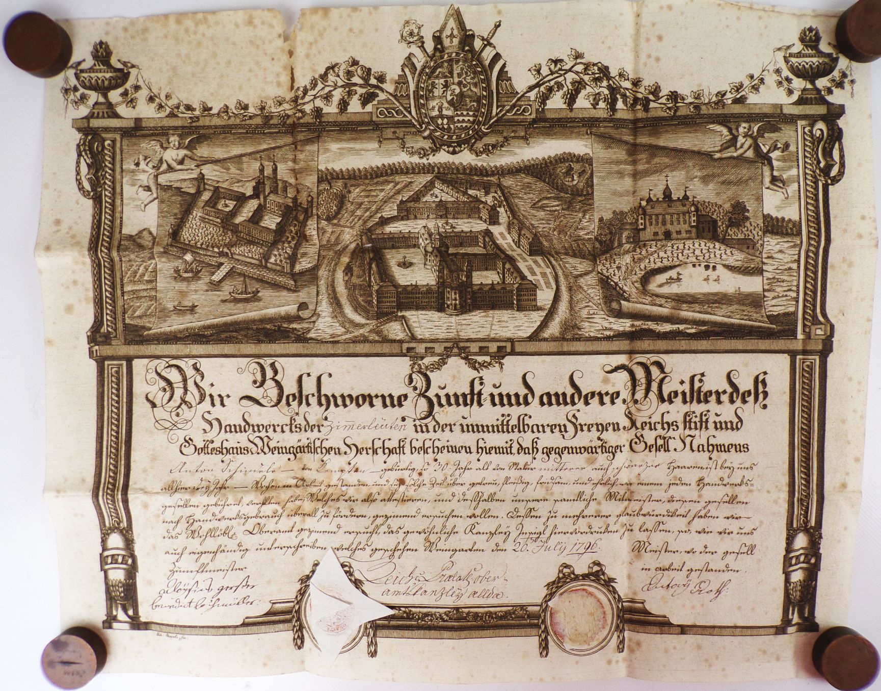 Uralter Gesellenbrief Zimmermann 1796 Weingarten Kupferstich Rarität
